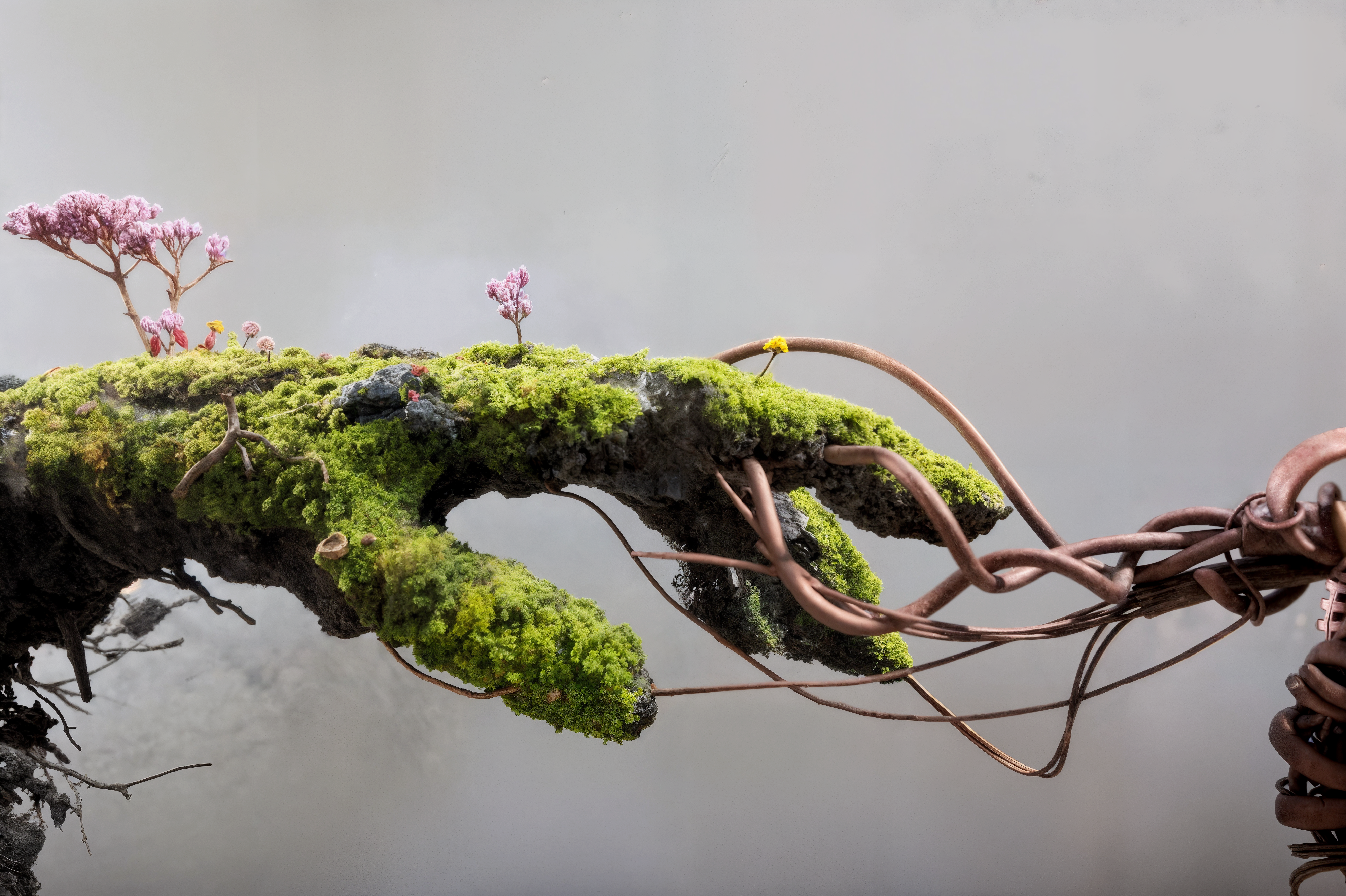 Moss and copper wires merging